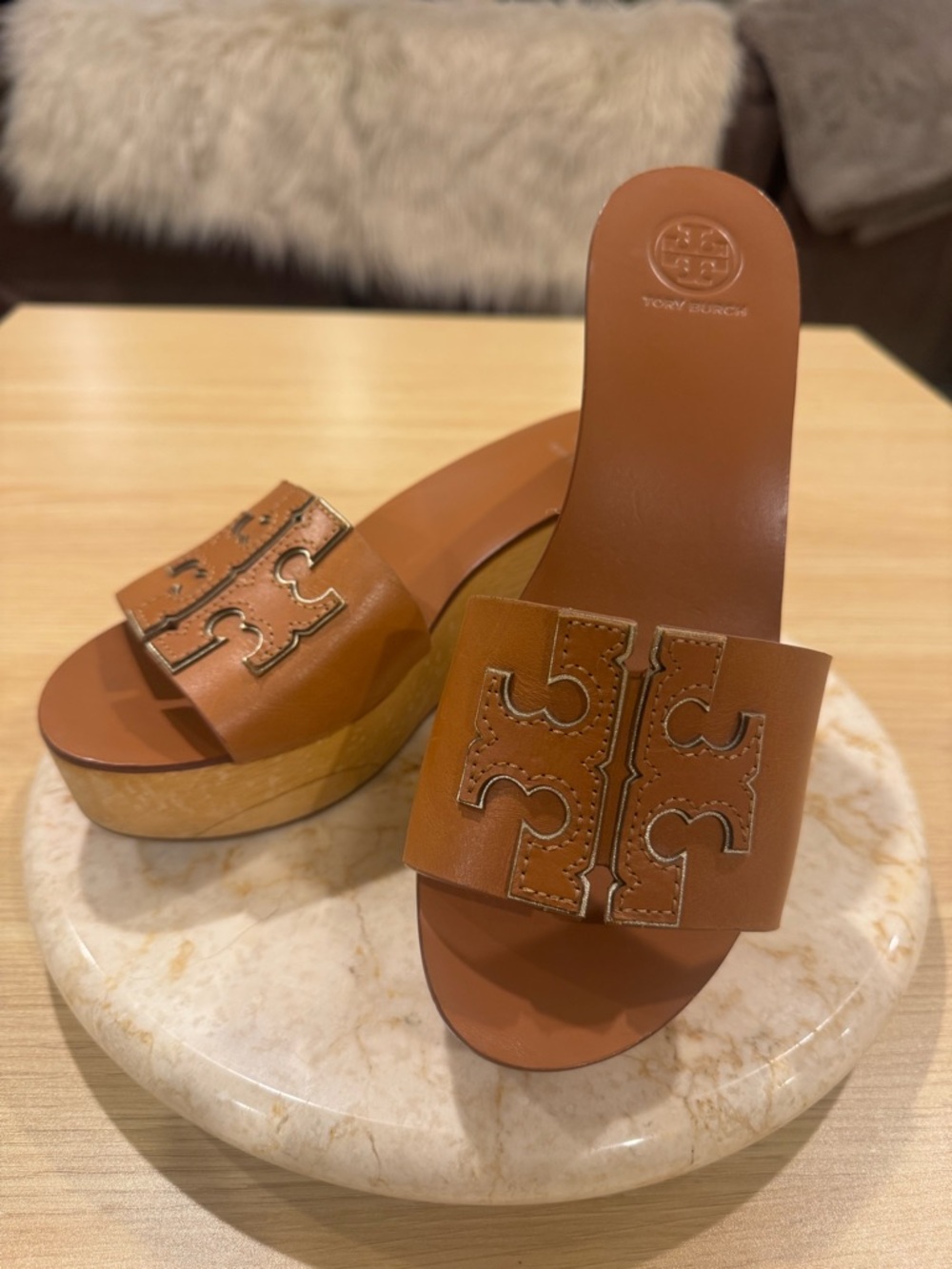 Tory Burch Cognac Leather Platform Slide Mules